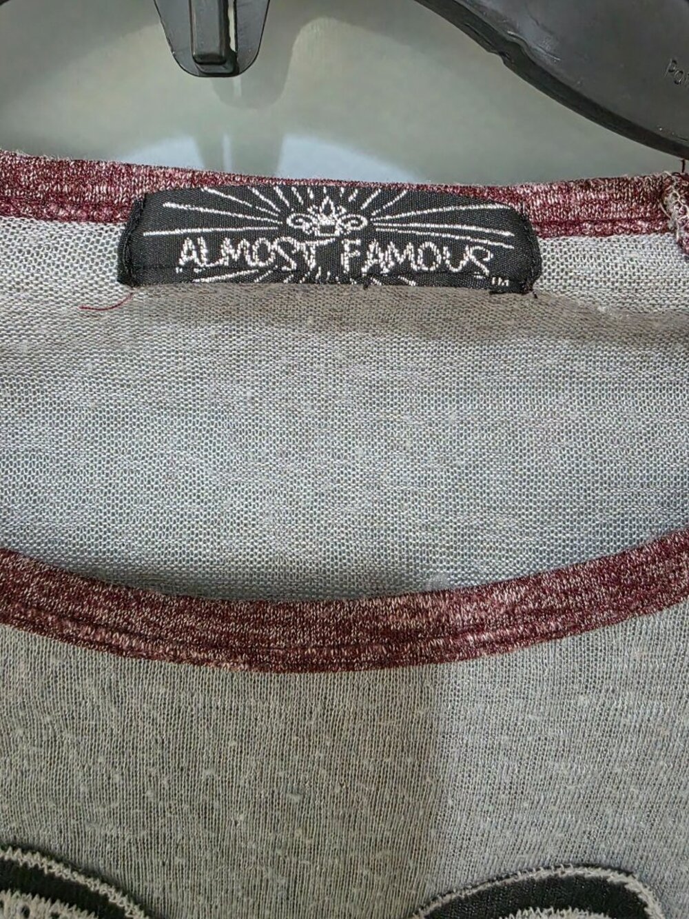Almost Famous Bunny Graphic Raglan Tee – Women’s Small Grey & Burgundy - Picture 3 of 9